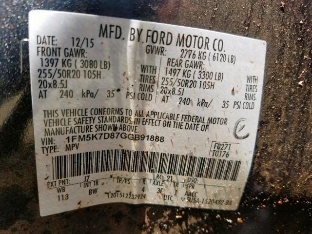 1FM5K7D87GGB91888 - 2016 FORD EXPLORER X CHARCOAL photo 10