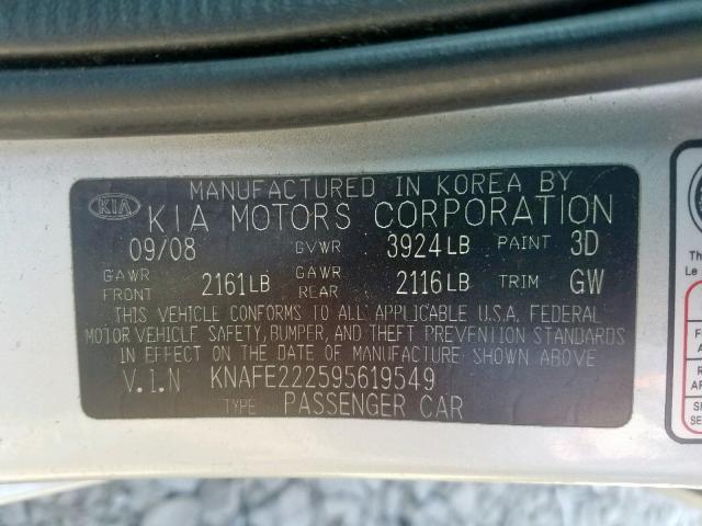 KNAFE222595619549 - 2009 KIA SPECTRA EX SILVER photo 10