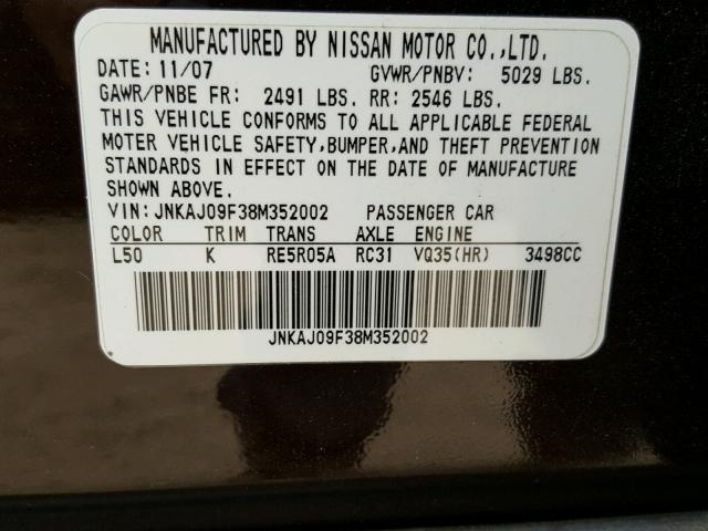 JNKAJ09F38M352002 - 2008 INFINITI EX35 BASE Qara foto 10