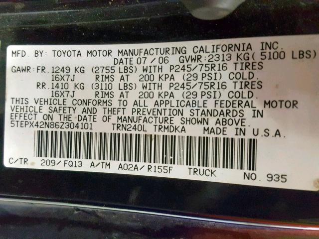 5TEPX42N86Z304101 - 2006 TOYOTA TACOMA BLACK photo 10