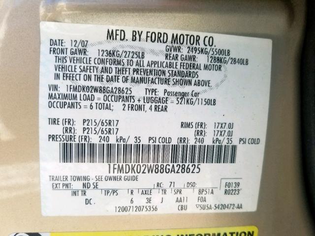 1FMDK02W88GA28625 - 2008 FORD TAURUS X S GOLD photo 10