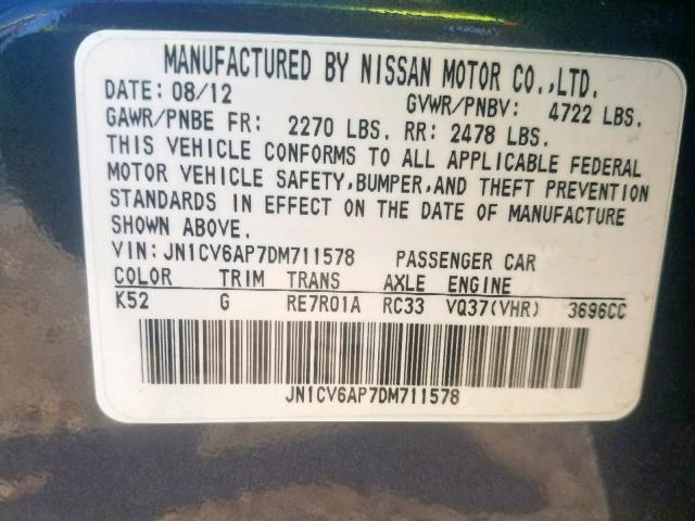 JN1CV6AP7DM711578 - 2013 INFINITI G37 BASE CHARCOAL photo 10