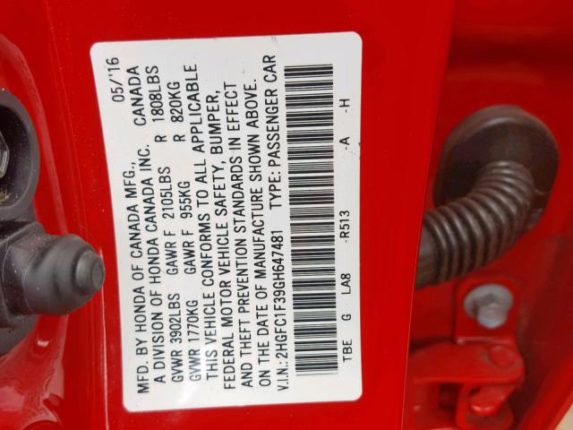 2HGFC1F39GH647481 - 2016 HONDA CIVIC EX RED photo 10