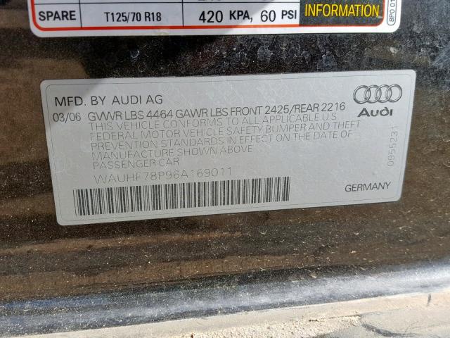 WAUHF78P96A169011 - 2006 AUDI A3 2 CHARCOAL photo 10