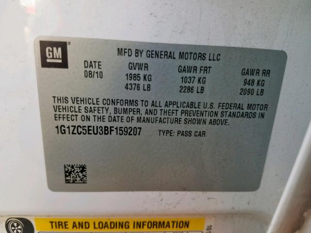 1G1ZC5EU3BF159207 - 2011 CHEVROLET MALIBU 1LT 白色 照片 10