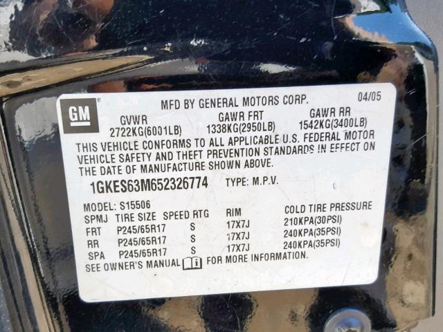 1GKES63M652326774 - 2005 GMC ENVOY DENA BLACK photo 10