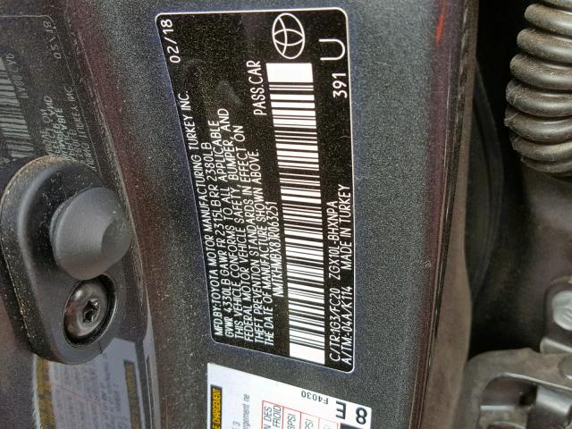 NMTKHMBX8JR063251 - 2018 TOYOTA C-HR XLE GRAY photo 10