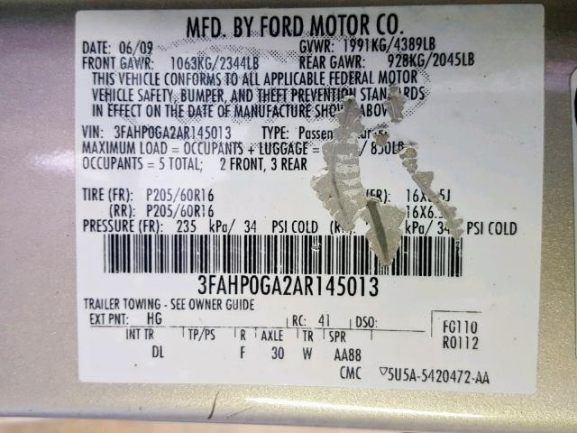 3FAHP0GA2AR145013 - 2010 FORD FUSION S TAN photo 10