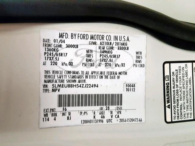 5LMEU88H54ZJ22494 - 2004 LINCOLN AVIATOR 白色 照片 10