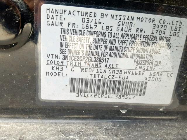 3N1CE2CP2GL389517 - 2016 NISSAN VERSA NOTE BLACK photo 10