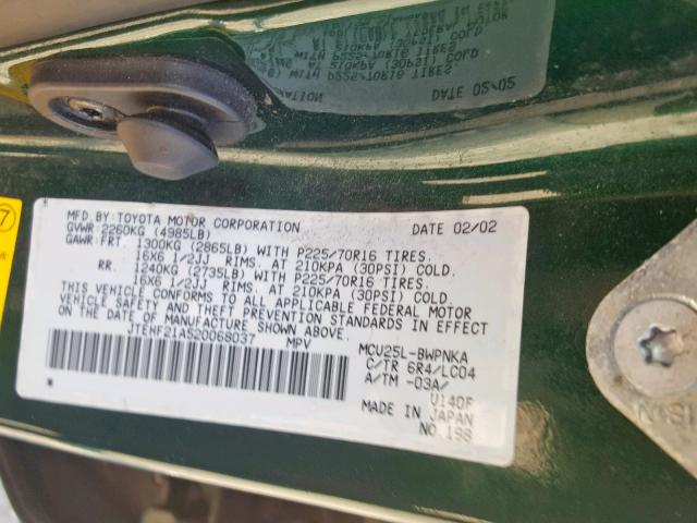 JTEHF21A520068037 - 2002 TOYOTA HIGHLANDER GREEN photo 10