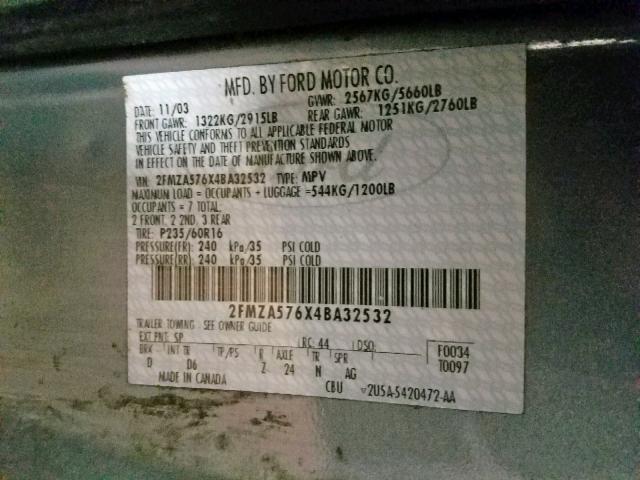 2FMZA576X4BA32532 - 2004 FORD FREESTAR S BLUE photo 10