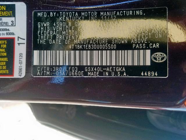 4T1BK1EB3DU005500 - 2013 TOYOTA AVALON BAS BURGUNDY photo 10