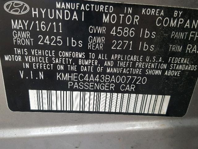 KMHEC4A43BA007720 - 2011 HYUNDAI SONATA HYB GRAY photo 10