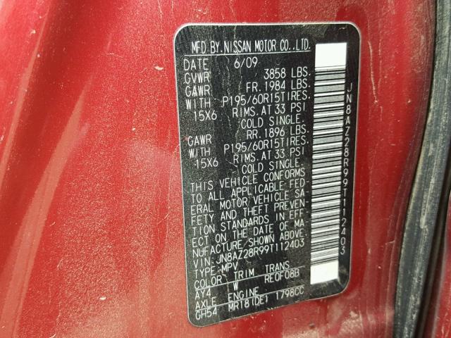 JN8AZ28R99T112403 - 2009 NISSAN CUBE BASE RED photo 10