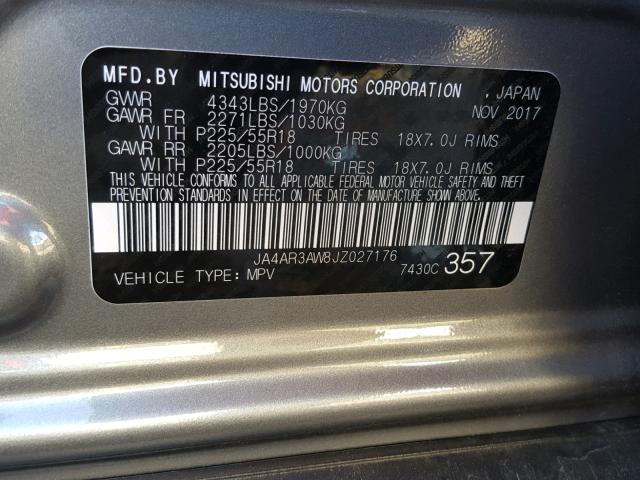 JA4AR3AW8JZ027176 - 2018 MITSUBISHI OUTLANDER GRAY photo 10