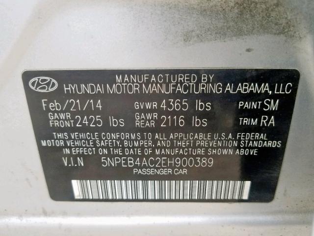 5NPEB4AC2EH900389 - 2014 HYUNDAI SONATA GLS SILVER photo 10