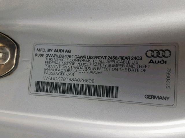 WAUDK78T68A026608 - 2008 AUDI A5 QUATTRO SILVER photo 10