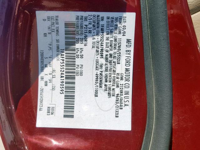 1FAFP55S24A190595 - 2004 FORD TAURUS SES MAROON photo 10
