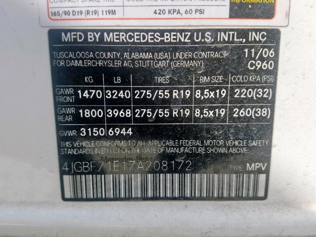 4JGBF71E17A208172 - 2007 MERCEDES-BENZ GL 450 4MA WHITE photo 10