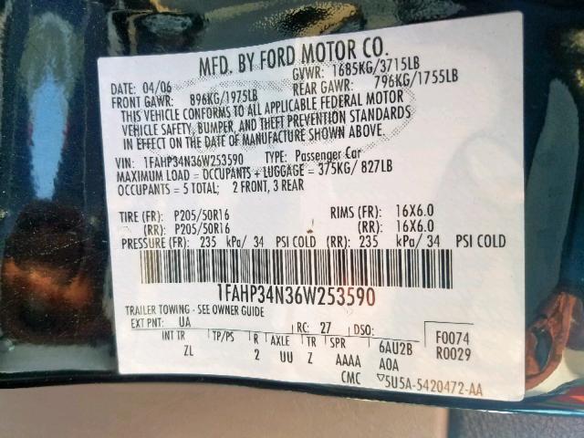 1FAHP34N36W253590 - 2006 FORD FOCUS ZX4 BLACK photo 10