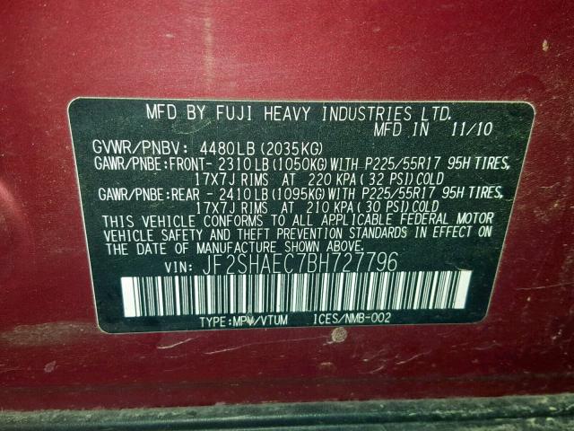 JF2SHAEC7BH727796 - 2011 SUBARU FORESTER L RED photo 10