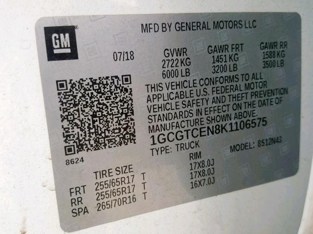 1GCGTCEN8K1106575 - 2019 CHEVROLET COLORADO L WHITE photo 10