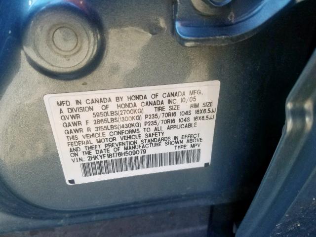 2HKYF18176H509079 - 2006 HONDA PILOT LX GRAY photo 10