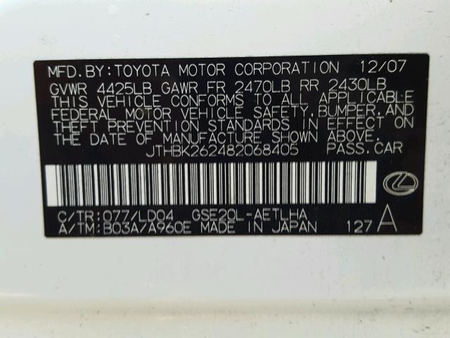 JTHBK262482068405 - 2008 LEXUS IS 250 WHITE photo 10