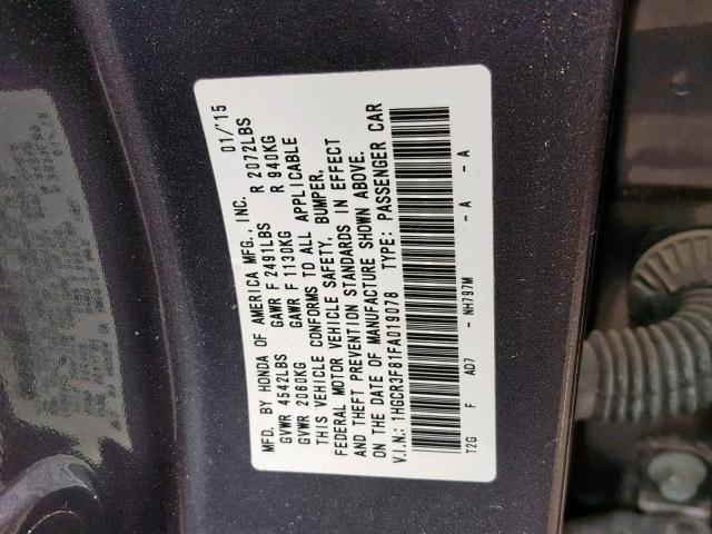 1HGCR3F81FA019078 - 2015 HONDA ACCORD EXL GRAY photo 10