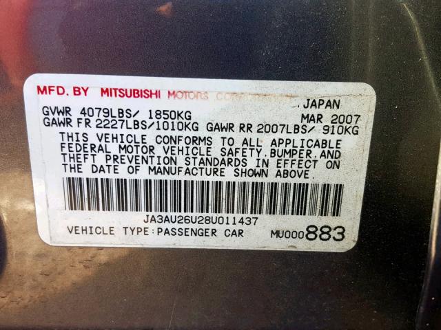 JA3AU26U28U011437 - 2008 MITSUBISHI LANCER ES GRAY photo 10