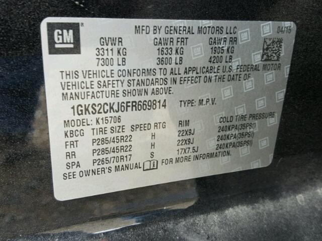 1GKS2CKJ6FR669814 - 2015 GMC YUKON DENA BLACK photo 10