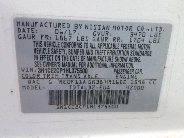 3N1CE2CP1HL375500 - 2017 NISSAN VERSA NOTE WHITE photo 10