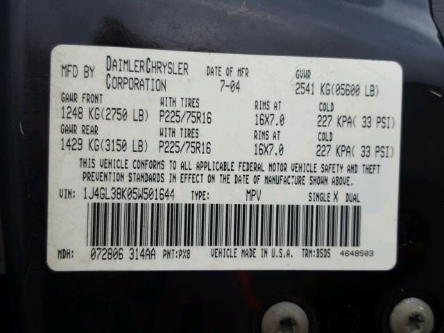 1J4GL38K05W501644 - 2005 JEEP LIBERTY RE BLACK photo 10