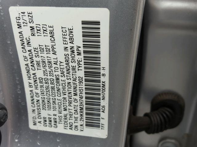 2HKRM3H74FH511902 - 2015 HONDA CR-V EXL SILVER photo 10