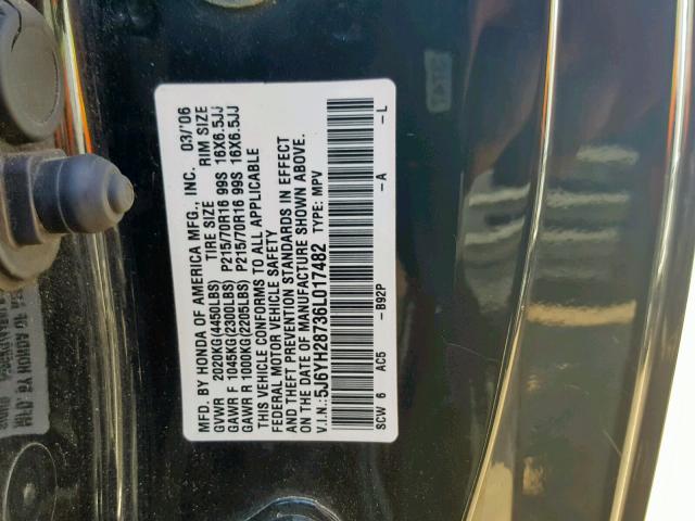 5J6YH28736L017482 - 2006 HONDA ELEMENT EX BLACK photo 10