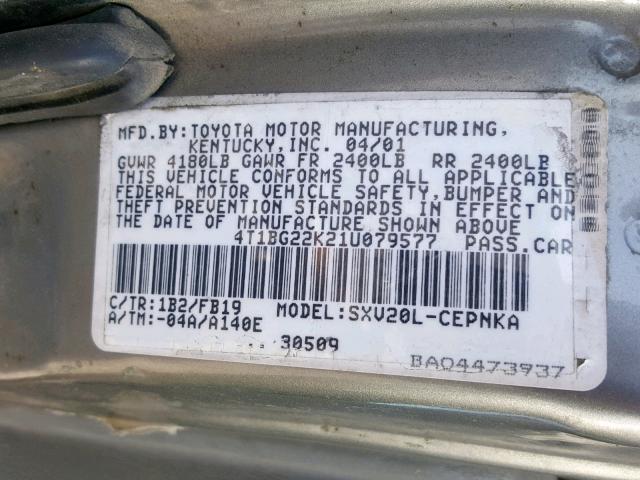 4T1BG22K21U079577 - 2001 TOYOTA CAMRY CE GOLD photo 10