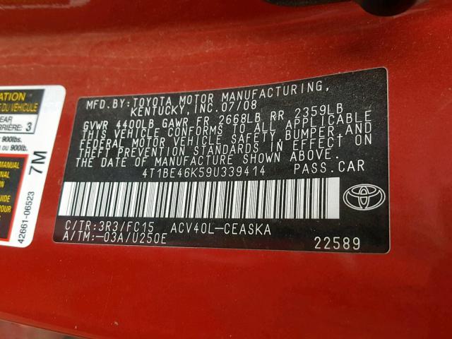 4T1BE46K59U339414 - 2009 TOYOTA CAMRY BASE RED photo 10