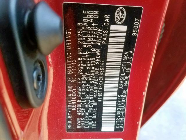 4T1BF1FKXCU636147 - 2012 TOYOTA CAMRY BASE RED photo 10