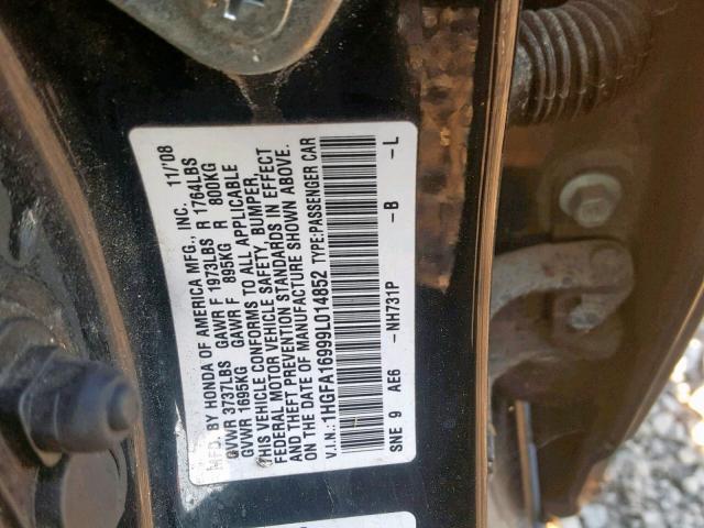 1HGFA16999L014852 - 2009 HONDA CIVIC EXL 灰色 照片 10