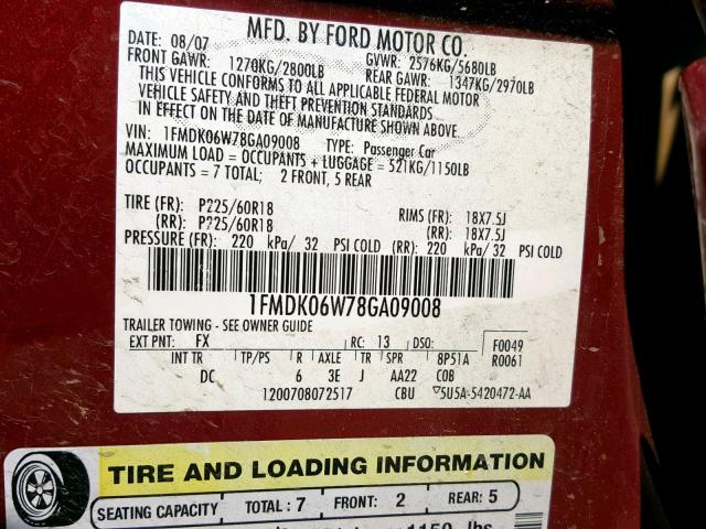 1FMDK06W78GA09008 - 2008 FORD TAURUS X L MAROON photo 10