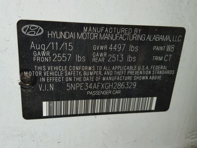 5NPE34AFXGH286329 - 2016 HYUNDAI SONATA SPO WHITE photo 10