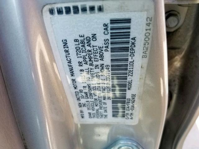 1NXBR12E0YZ337149 - 2000 TOYOTA COROLLA VE SILVER photo 10