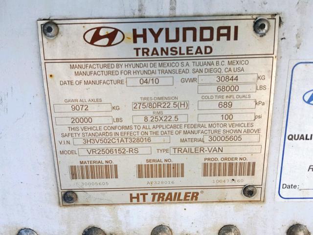 3H3V502C1AT328016 - 2010 HYUNDAI REEFER WHITE photo 10