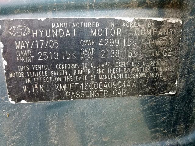 KMHET46C06A090447 - 2006 HYUNDAI SONATA GL BLUE photo 10