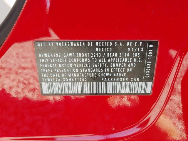 3VWLL7AJXDM421762 - 2013 VOLKSWAGEN JETTA TDI RED photo 10