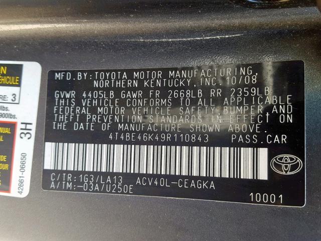 4T4BE46K49R110843 - 2009 TOYOTA CAMRY BASE GRAY photo 10