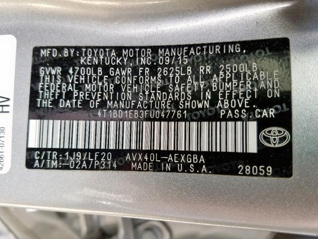 4T1BD1EB3FU047761 - 2015 TOYOTA AVALON HYB GRAY photo 10