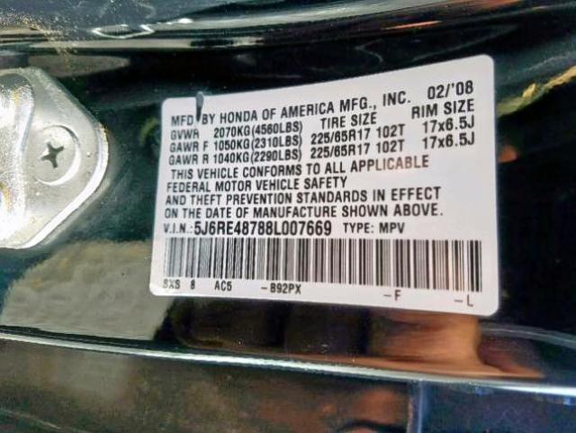 5J6RE48788L007669 - 2008 HONDA CR-V EXL BLACK photo 10