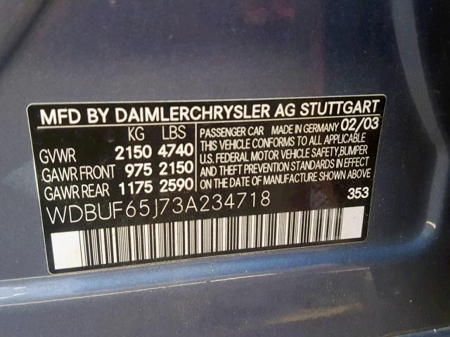 WDBUF65J73A234718 - 2003 MERCEDES-BENZ E 320 BLUE photo 10